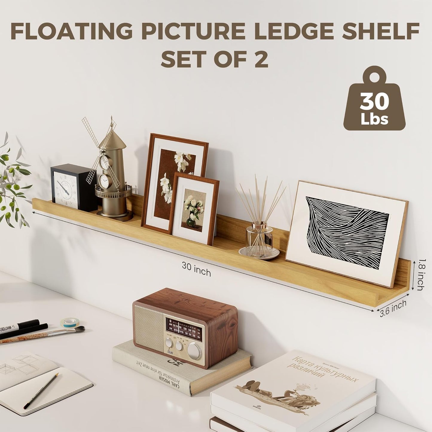 Axeman 30 Inch Floating Shelves for Wall | Picture Ledge Shelf Set of 2 | Rustic Oak Picture Shelf for Wall with Ledge | Floating Shelves with Lip | Photo Ledge Shelves for Books Album Records