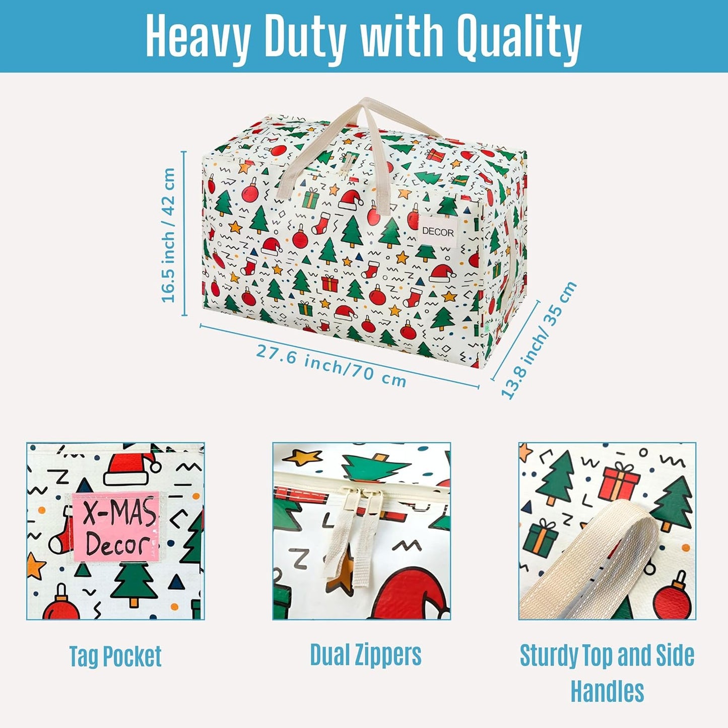 VENO 4 Pack Moving Bags and Large Christmas Decoration Storage Bins with lids. Alternative to Moving Boxes, Packing Supplies for College. Heavy Duty Totes (Jingle Mix, 4 Pack)
