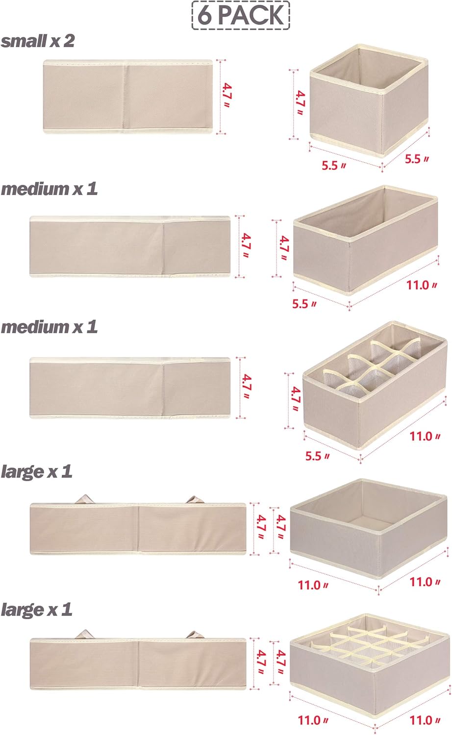 6 Pack Foldable Drawer Organizer Dividers Cloth Storage Box Closet Dresser Organizer Cube Fabric Containers Basket Bins for Underwear Bras Socks Panties Lingeries Nursery Baby Clothes Beige