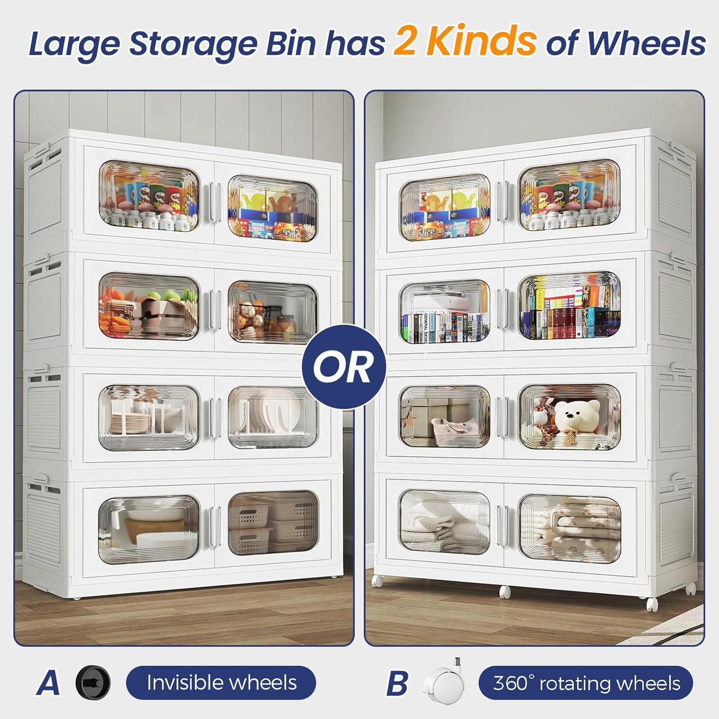 150 Gallon Extra Large Storage Bin with Lid and Wheels, Stackable Collapsible Plastic Storage Box with Door, Foldable Organizer for Closet, Kitchen, Office, Living Room, 3 Pack White