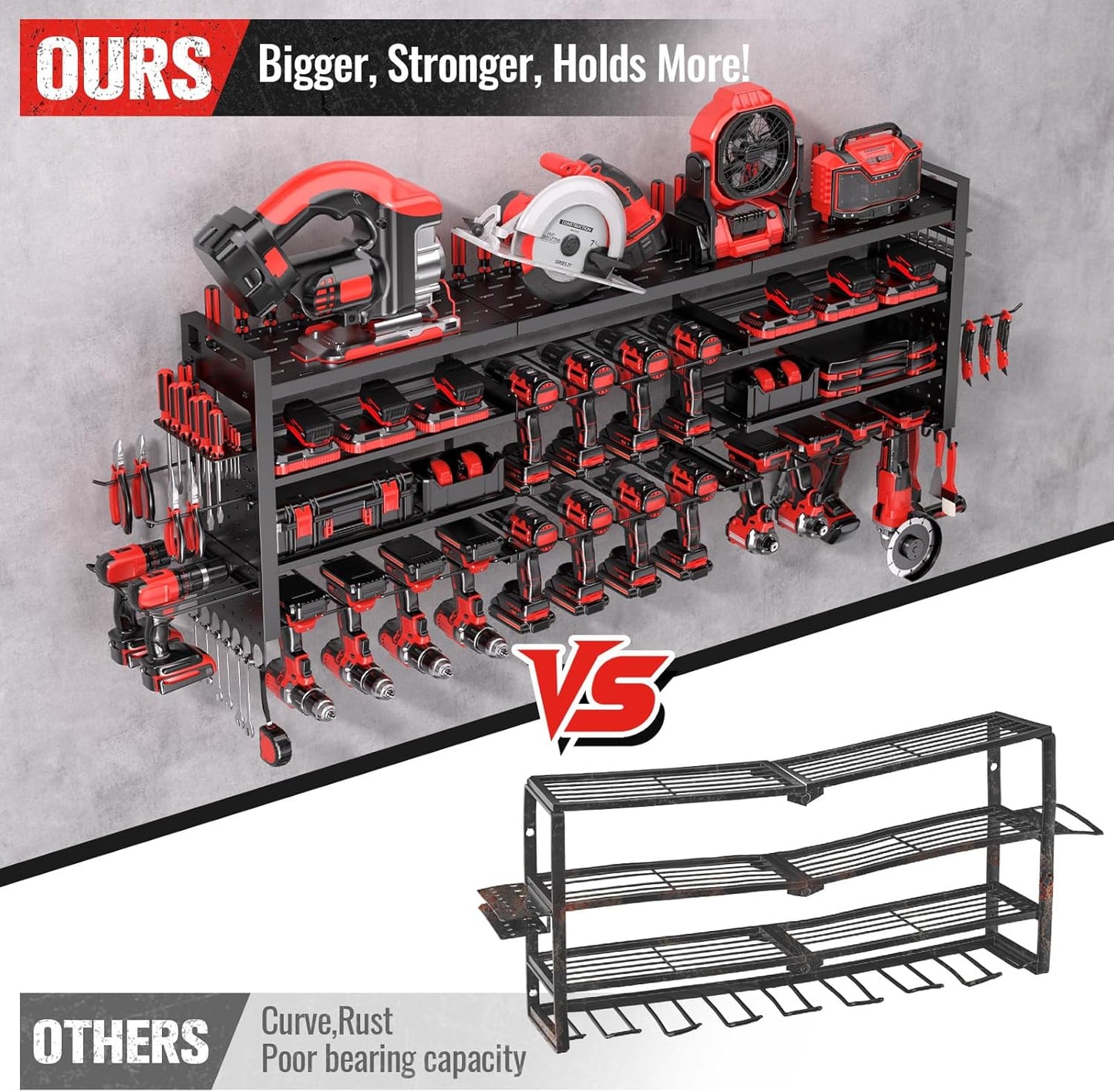 49.8" W Super Large Power Tool Organizer Wall Mount,4-Layer Heavy Duty Tool Storage with 18 Cordless Drill Holder,600 lb Capacity Garage Organization for Garage and Workshop (Black)