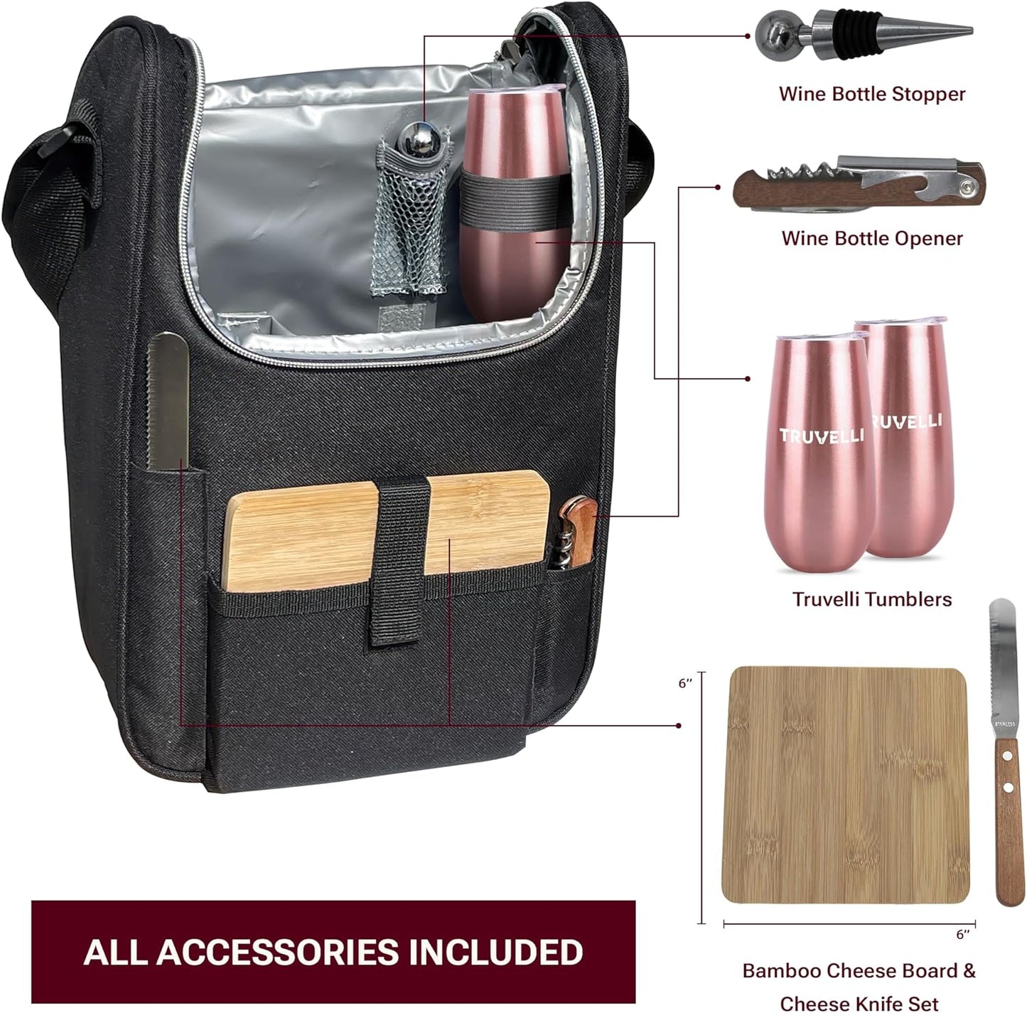 Truvelli Black Insulated Wine Tote Bag: Portable 2 Bottle Cheese Waterproof Black Canvas Carrier Picnic Kit - Stopper Attachment, Plus Wooden Charcuterie Board