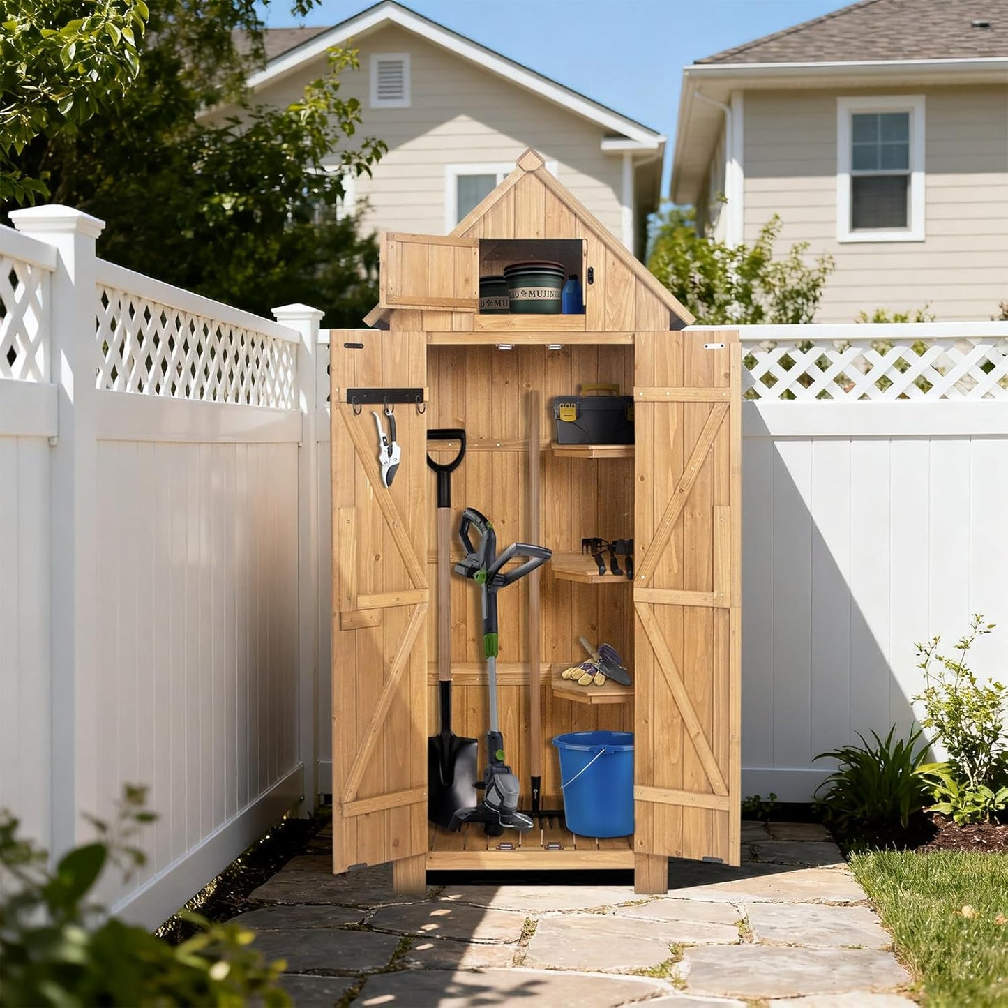 Wooden Outdoor Storage Shed with Double Doors,70” Tall Waterproof Storage Shed with Lock,Sheds & Outdoor Storage with Windproof Tipping for Deck,Backyard Garden and Yard