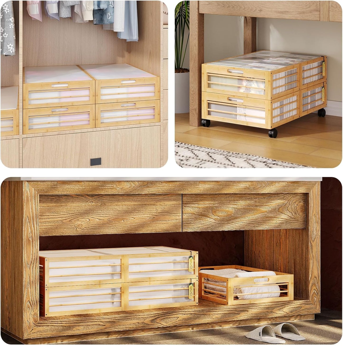 Bamboo Underbed Storage Containers with Wheels & Bag, Large Under Bed Rolling Storage Bins Wood Under Bed Clothes Storage Stackable Drawers for Bedroom Closet Under Crib Toy(Natural)