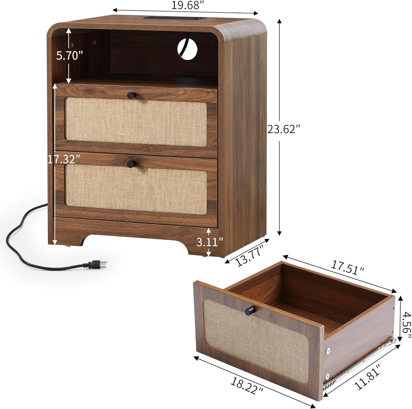Modern Night Stand with Charging Station and 2 Drawers, Wooden Side Table Curved Nightstands with USB/Type-C Ports, Large Mid Century End Table for Living Room, Bedroom, Nature Linen, Walnut