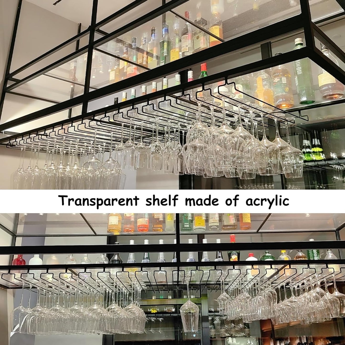 39.3IN Acrylic Ceiling Wine Glass Rack with Transparent Shelves, Hanging Wine Rack with Glass Holder and LED lights, 2 Layer Ceiling Bottle Holder Shelf for Bar Kitchen Decorate (39.3in/100cm)