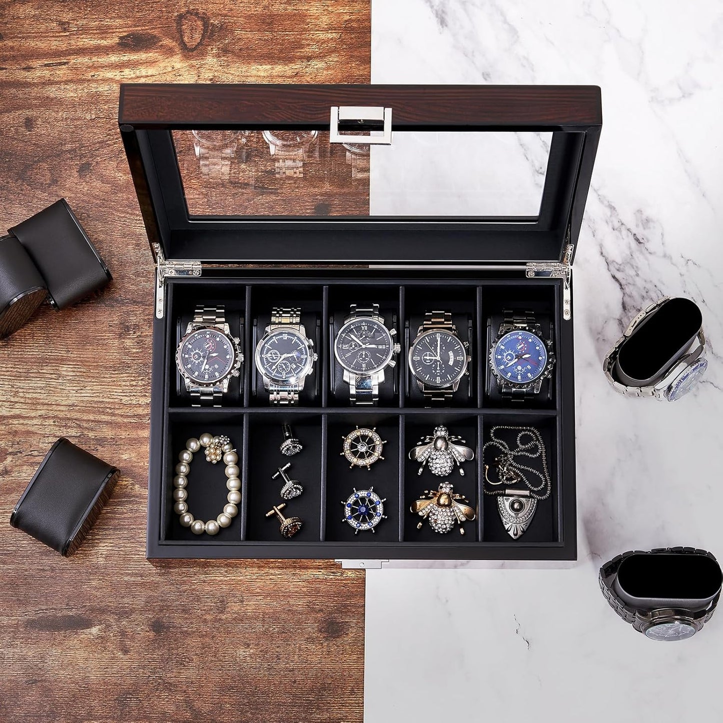 BEWISHOME Watch Box, 10-Slot Wooden Watch Case, Mens Watch Box for Men Watch Storage Organizer, Watch Holder Watch Display Case for Anniversary Birthday Brown SSH10Y