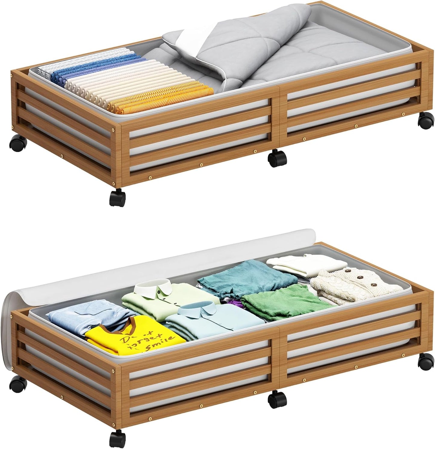 Wisuce Bamboo Under Bed Storage Containers- Underbed Organizer with Wheels with Large Dust Bag,Sturdy Wood Rolling Under the Bed Shoe Storage Organizer Drawer 2 Packs (Walnut, Long)