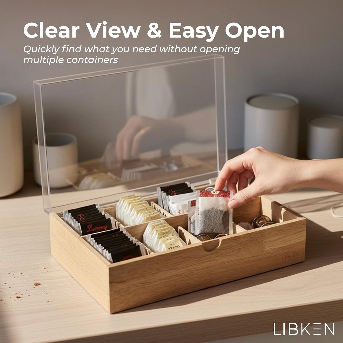 Wooden Tea Bag Organizer Box – 8 Compartment Tea Storage with Clear Lid – Minimalist Scandinavian Design – Versatile Wooden Tea Box for Tea Bags, Jewelry, Crafts, Office & Countertop Storage