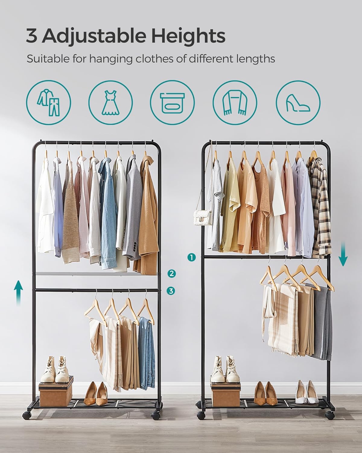 SONGMICS Clothes Rack with Wheels, Double-Rod Clothing Rack for Hanging Clothes, 25.4mm Metal Garment Rack with Dense Mesh Storage Shelf, 110 lb Load Capacity, 2 Brakes, Black UHSR027B01