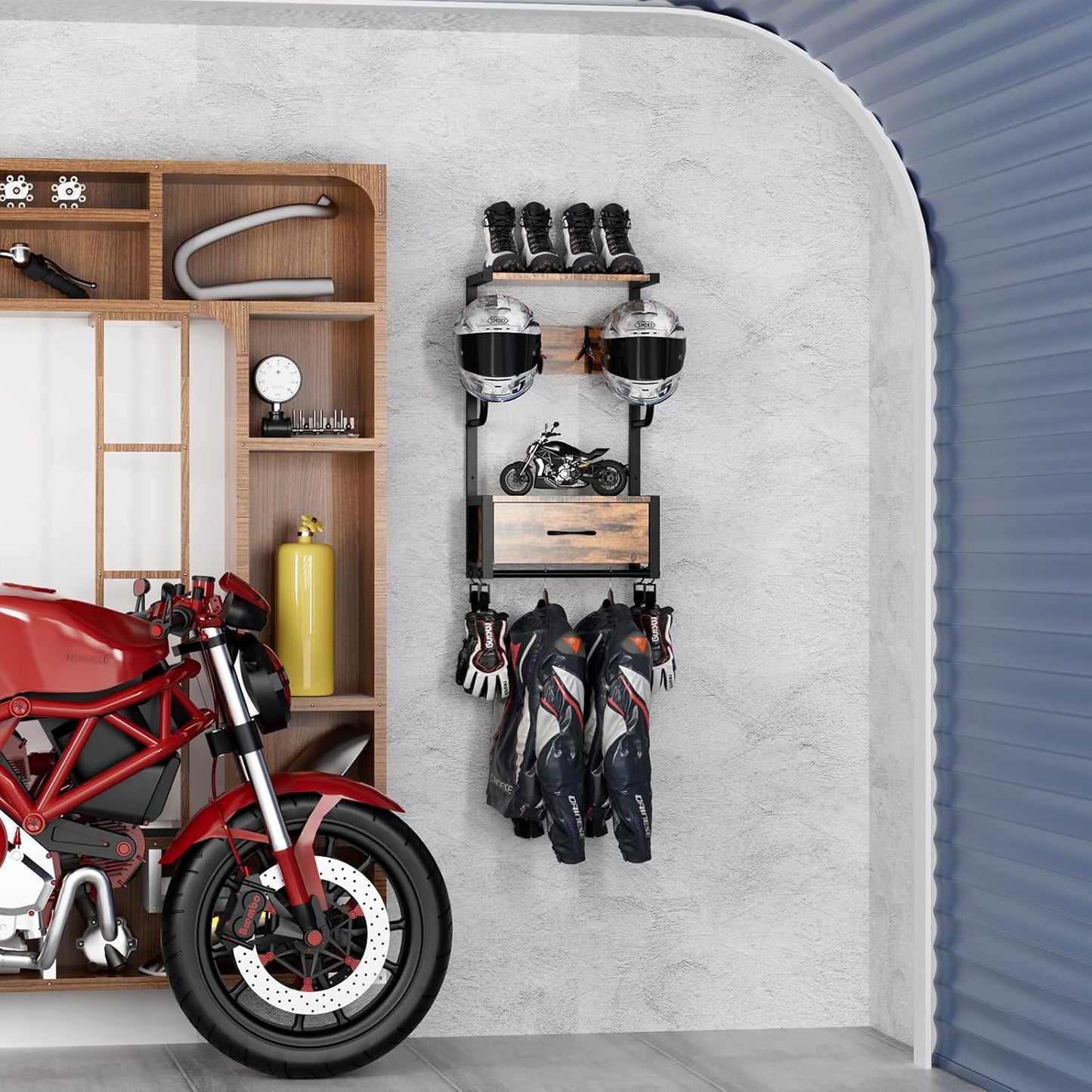 Motorcycle Helmet Holder Wall Mounted, Helmet Holder Wall Mount with Helmets Rack and Hooks for for 6 Helmets, Riding Suits & Accessories, Sturdy Construction Storage Organizer for Entryway or Garage