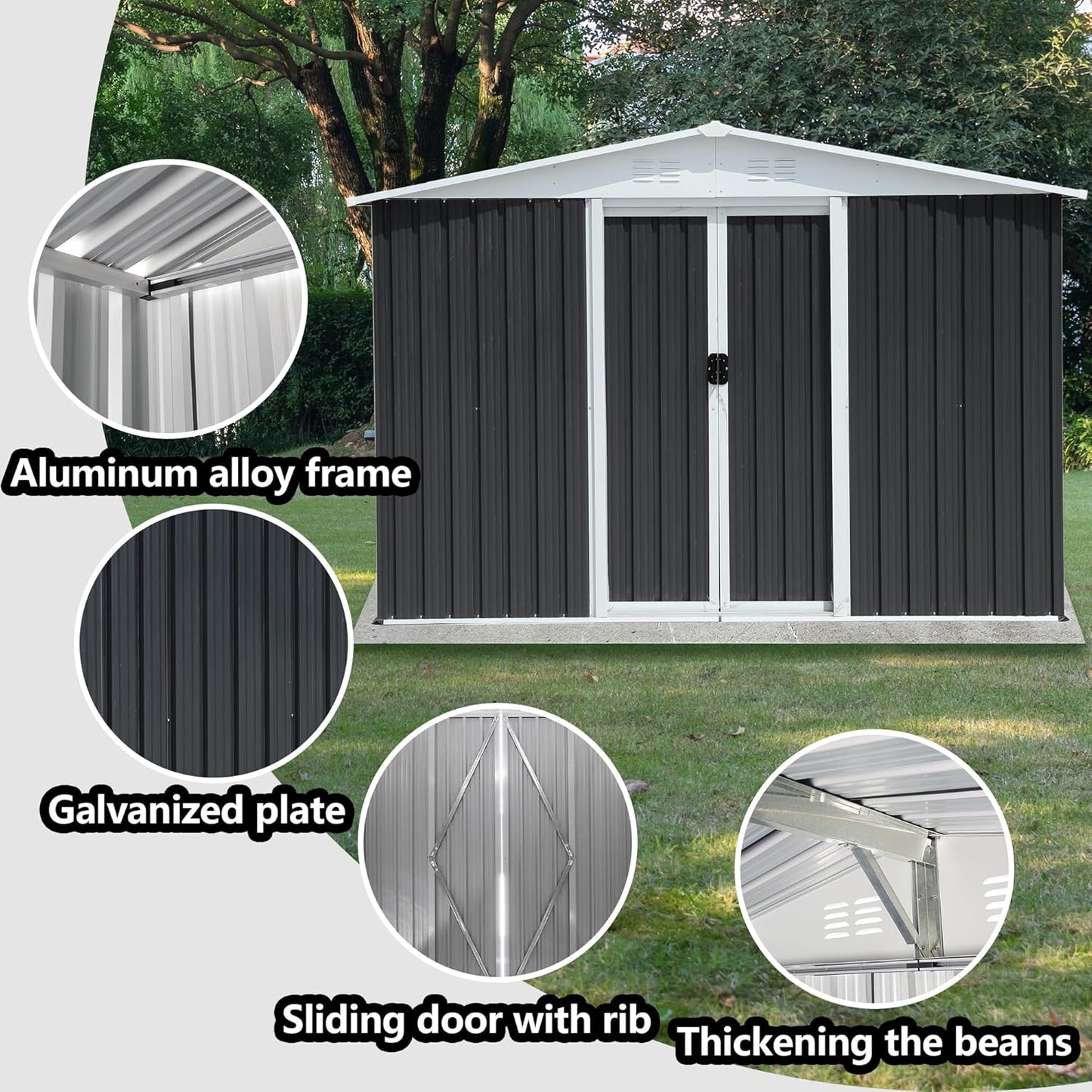 Ball & Cast 8x6 FT Outdoor Storage Shed, Metal Garden Sheds with Punched Vents and Sliding Door, Clearance Tool House with Aluminum Frames for Backyard Patio,Grey