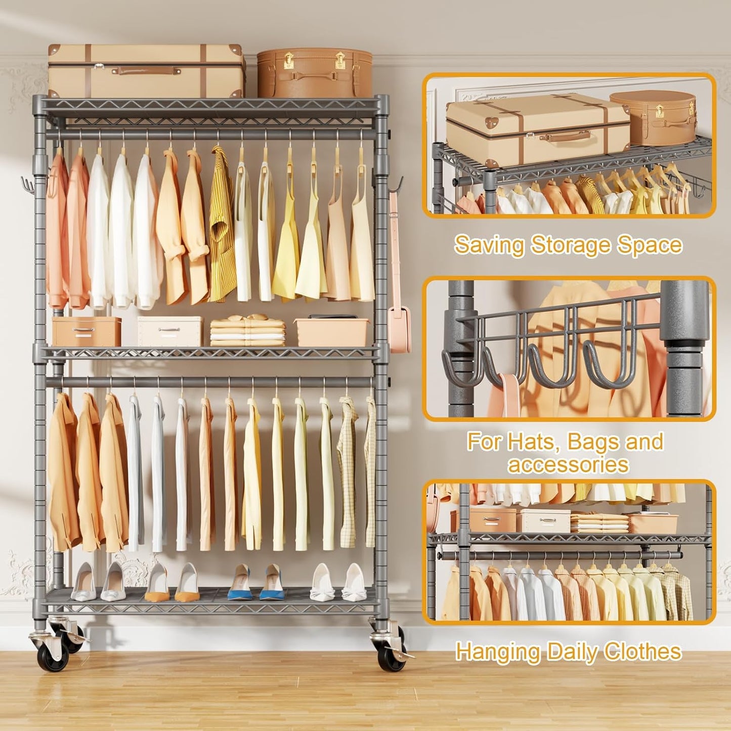 P1 Rolling Clothing Rack with Lockable Wheels, Heavy-Duty Garment Rack for Hanging Clothes, Portable Closet Wardrobe with Shelves, 35.5" W x 15.7" D x 80.5" H, Hold 500lbs, Grey