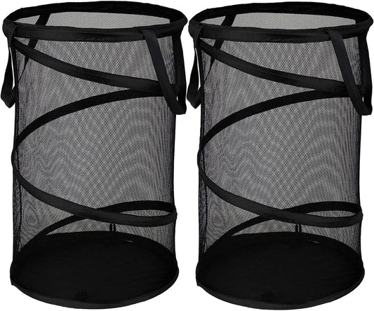 BATTOO 2 Pack Large Collapsible Laundry Basket Foldable Mesh Pop Up Hamper with Handles for Laundry Room, Bathroom, Kids Room, College Dorm, Travel, Storage Organizer Black