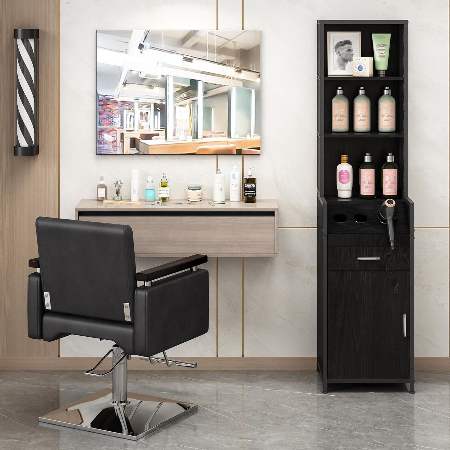 BARBsocial Reusable Salon Station for Hair Stylist, Barber Station with 3 Hot Tool Holders & Hair Storage with Shelves - Salon, Spa Furniture - Black