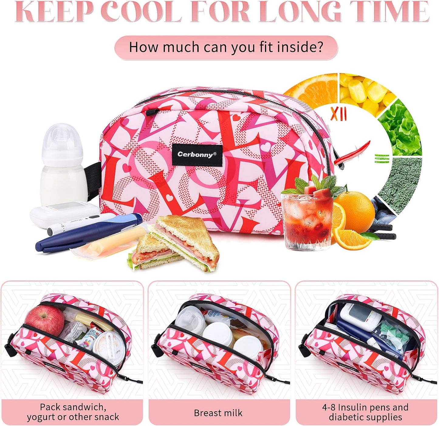 Cerbonny Small Cooler Bag Freezable Lunch Bag for Work School Travel, Leak-Proof, Insulated, Portable, Lightweight, 2.5L, Love Pattern