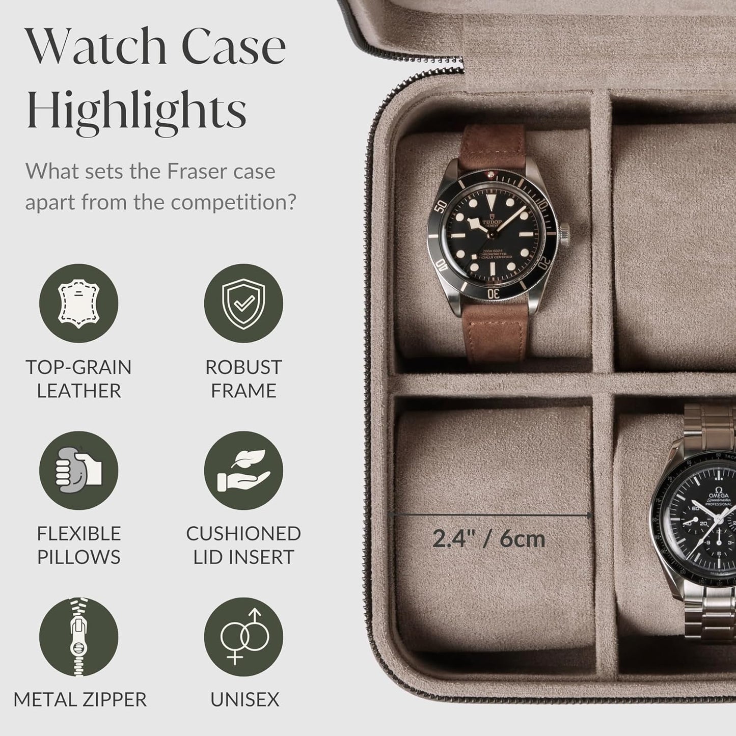 TAWBURY Watch Case - 8 Slot Genuine Top-Grain Leather Watch Box for Men & Women with Extra Wide Pillows for Large Watches - Portable Wristwatch Storage for Home & Travel (Taupe)