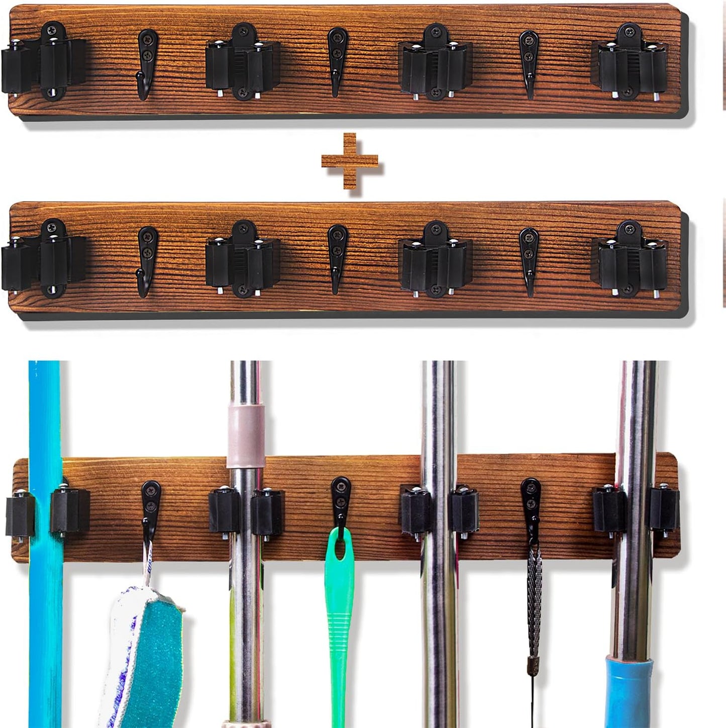 2 Pack Mop and Broom Holder Wall Mount Solid Wood Broom Rack Wall Mount 4 Positions 3 Hooks for Home, Kitchen, Garden, Tools, Garage Organizing, Cleaning Supplies Organizer Indoor Outdoor