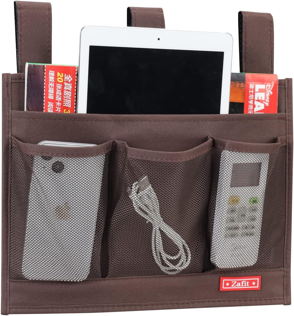 Hanging Bedside Caddy, Bedside Storage Organizer for Magazine, Phone, Remote control (Classic4 Pockets-Coffee)