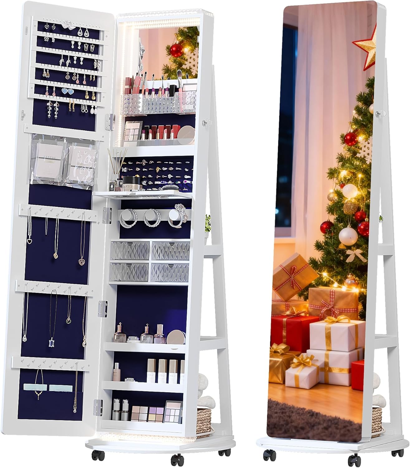 Full Length Mirror with Storage, Standing Mirror Jewelry Cabinet with 3 Color LED Lights, 360° Swivel Jewelry Armoire with Mirror & Storage Shelves, White