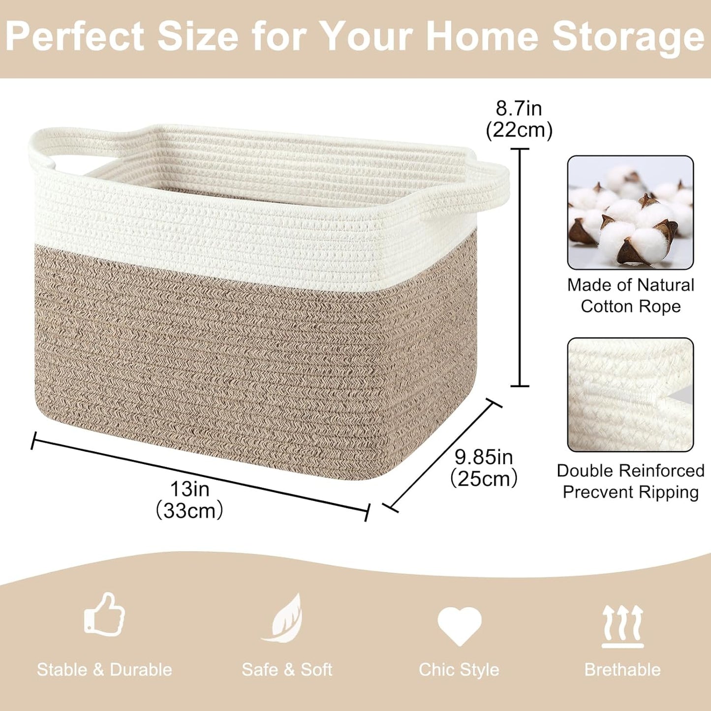 Storage Baskets for Organizing, Woven Baskets for Shelves, Rectangle Decorative Organizer for Storage Clothes, Toy, Books, Towels Nursery Bins 3 Pack (Brown & White, 13"x9.85"x8.7")