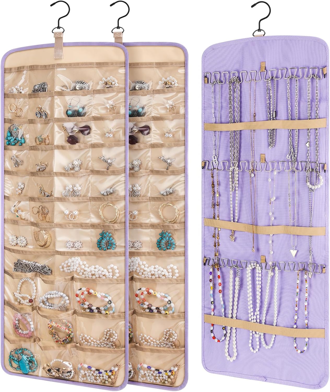 2 Pack Hanging Jewelry Organizer Storage with 39 Pockets, 30 Necklace Hooks Double Sided Wall Mount Earring Holder Organizer Bracelet Necklace Jewelry Display Hanger for Closet Door (Purple)