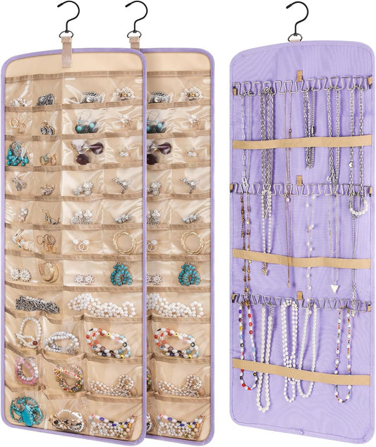 2 Pack Hanging Jewelry Organizer Storage with 39 Pockets, 30 Necklace Hooks Double Sided Wall Mount Earring Holder Organizer Bracelet Necklace Jewelry Display Hanger for Closet Door (Purple)