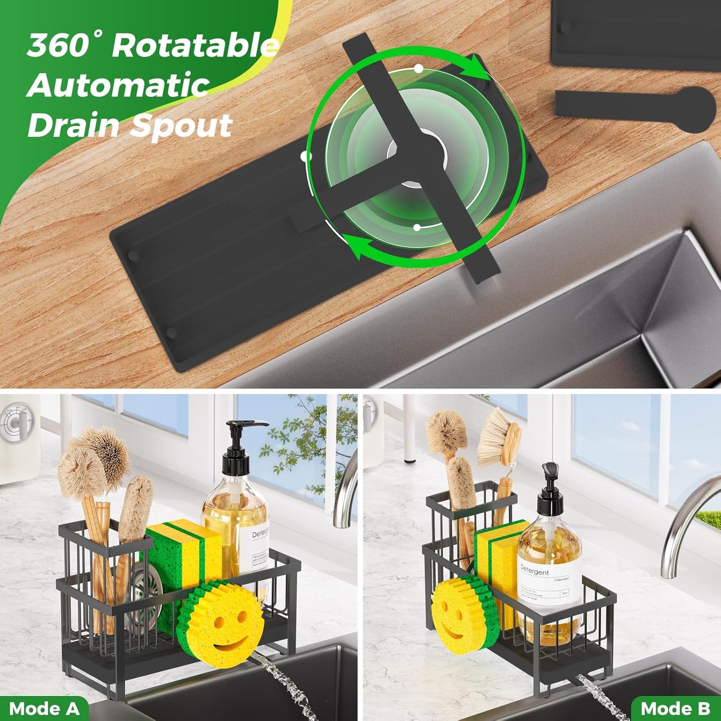 Sponge Holder for Kitchen Sink,Sink Caddy with Removable Dish Brush Holder,Self-Draining Kitchen Countertop Organizers and Storage Essentials,Soap Dispenser Organize and Home Decor-Black