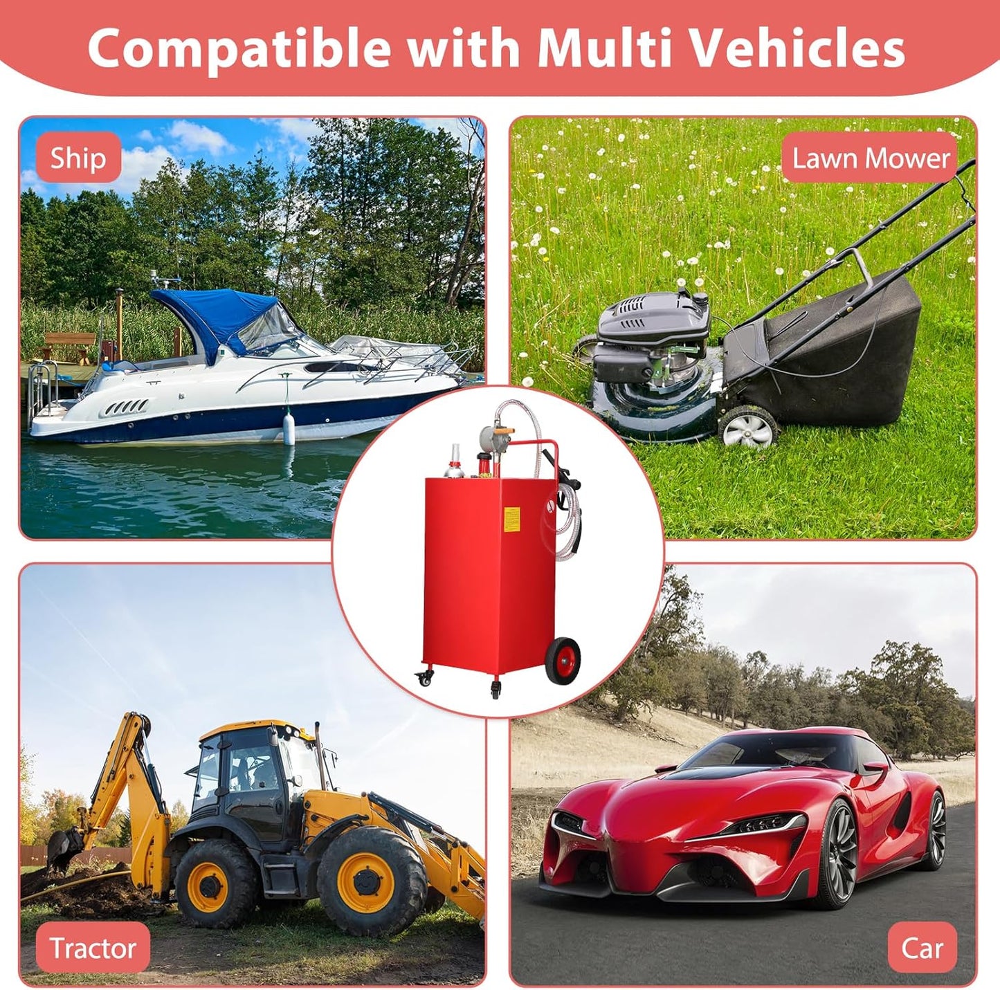 35 Gallon Gas & Diesel Fuel Caddy with Transfer Pump – Mobile Fuel Storage Tank with 4-Wheel Cart for Boats, Lawn Mowers, Snowblowers, Motorcycles & Construction Equipment - Red