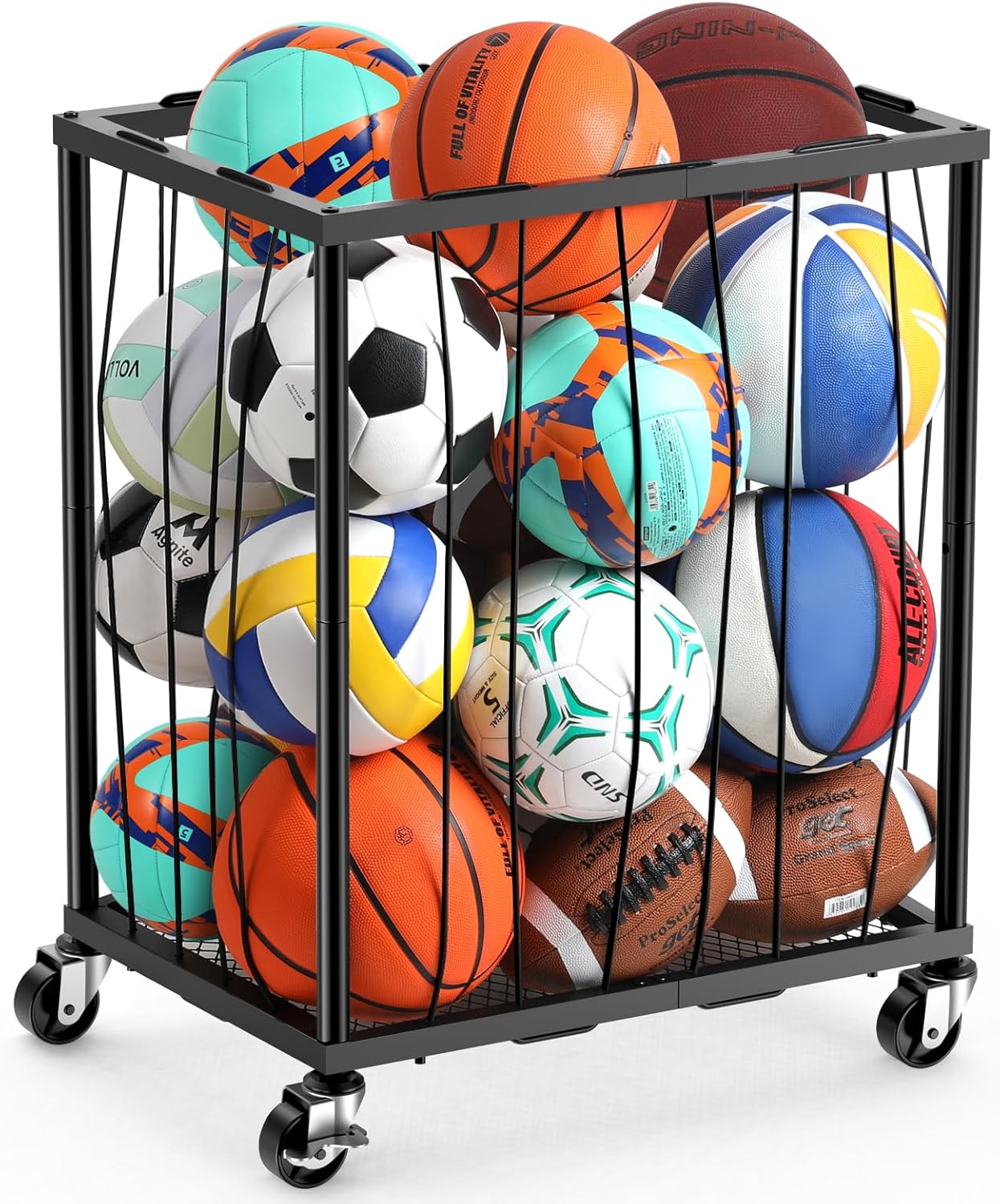 TomCare Garage Ball Rolling Storage Rack Large Capacity Basketball Holder with Elastic Rope [Hold 12-15 Balls][Easy to Take] Garage Sports Equipment Organizer cart with Wheels for Home, Outdoor Use