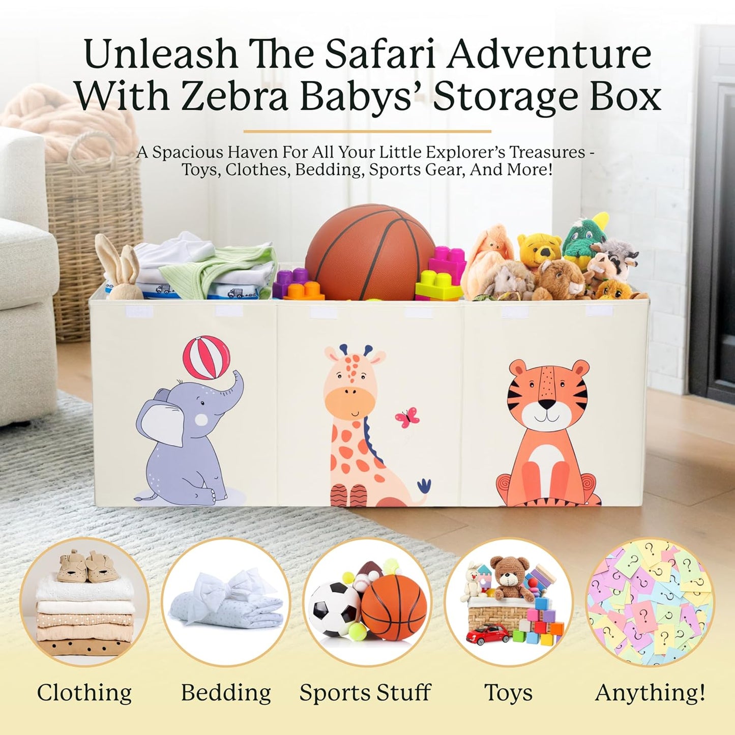 Zebra Baby Toy Storage Organizer for Kids and Toddlers, 40" x 13.5" x 16.5" - Large Collapsible Toy Chest for Living Room - Box, Bin, Organizer for Boys and Girls, Extra Big