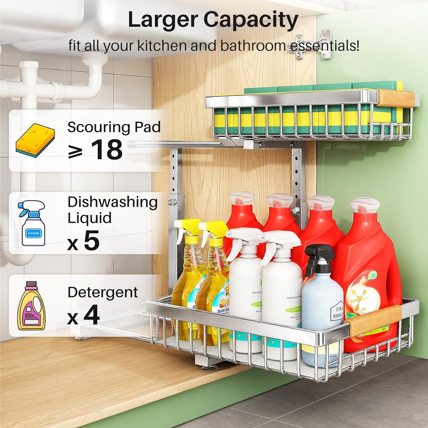 Under Sink Organizer, Stainless Steel 1-Pack 2 Tier Under Sink Organizers and Storage, Slide out Pull out Cabinet Shelf, Sliding Drawer for Kitchen Bathroom Pantry Cabinet Closet Organization Rack