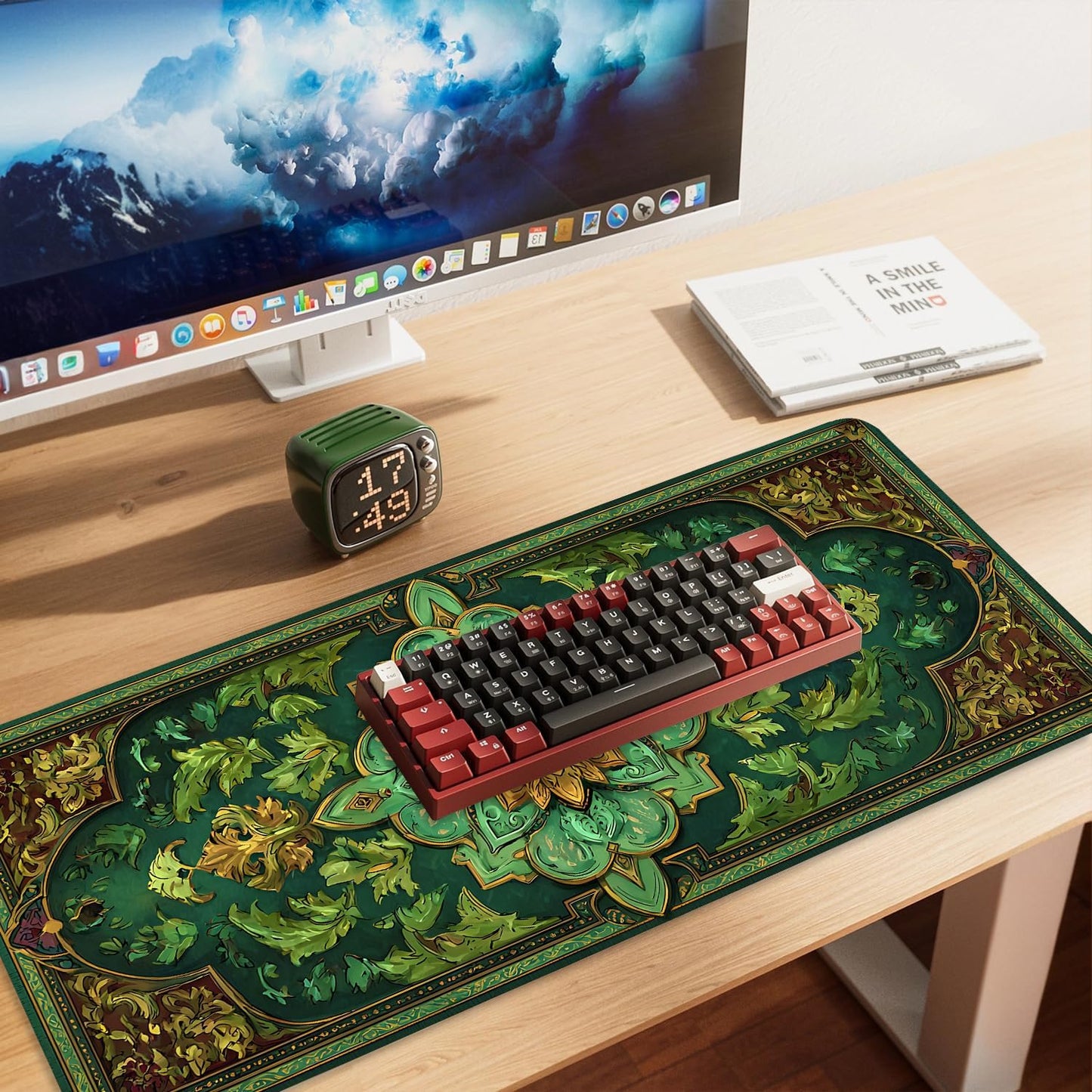 Green Vintage Floral Mouse Pad – Large Extended Desk Mat 35.43 x 15.75 in – Ornate Oriental Carpet Design with Gold & Emerald Motif, Waterproof Surface,Keyboard & Mouse Pad for Office & Home