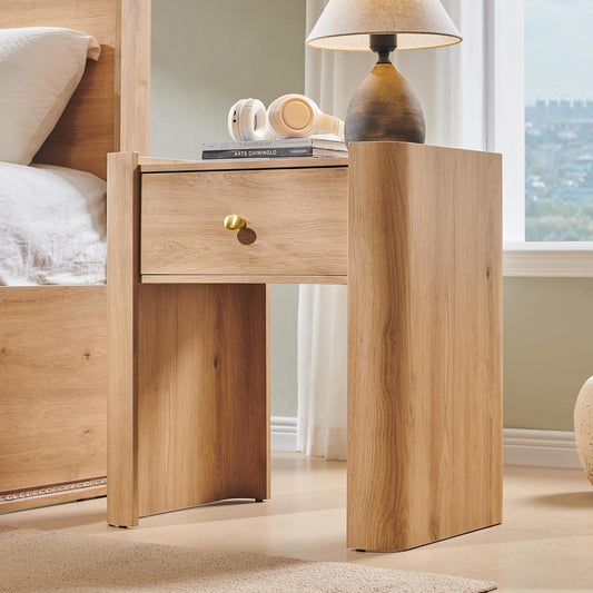 23.6" Tall Modern Nightstand with Charging Station, 22" Wide Curved Bedside Table with 1 Storage Drawer, Wooden Night Stand, Large End Table for Bedroom, Living Room, Natural
