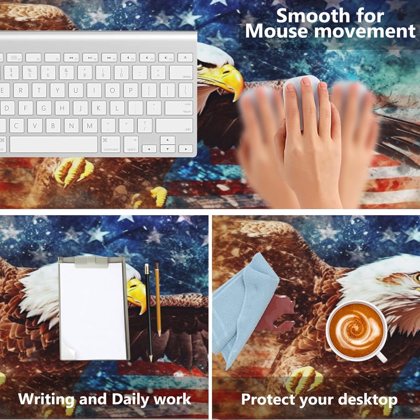 Gaming Mouse Mat Watercolor Bald Eagle Over American Flag Large Mouse Pad Extended Mouse Pad Desk Mat Non-Slip Rubber Base Mice Pad Desk Pad for Office Game Home 35.4x15.75 in