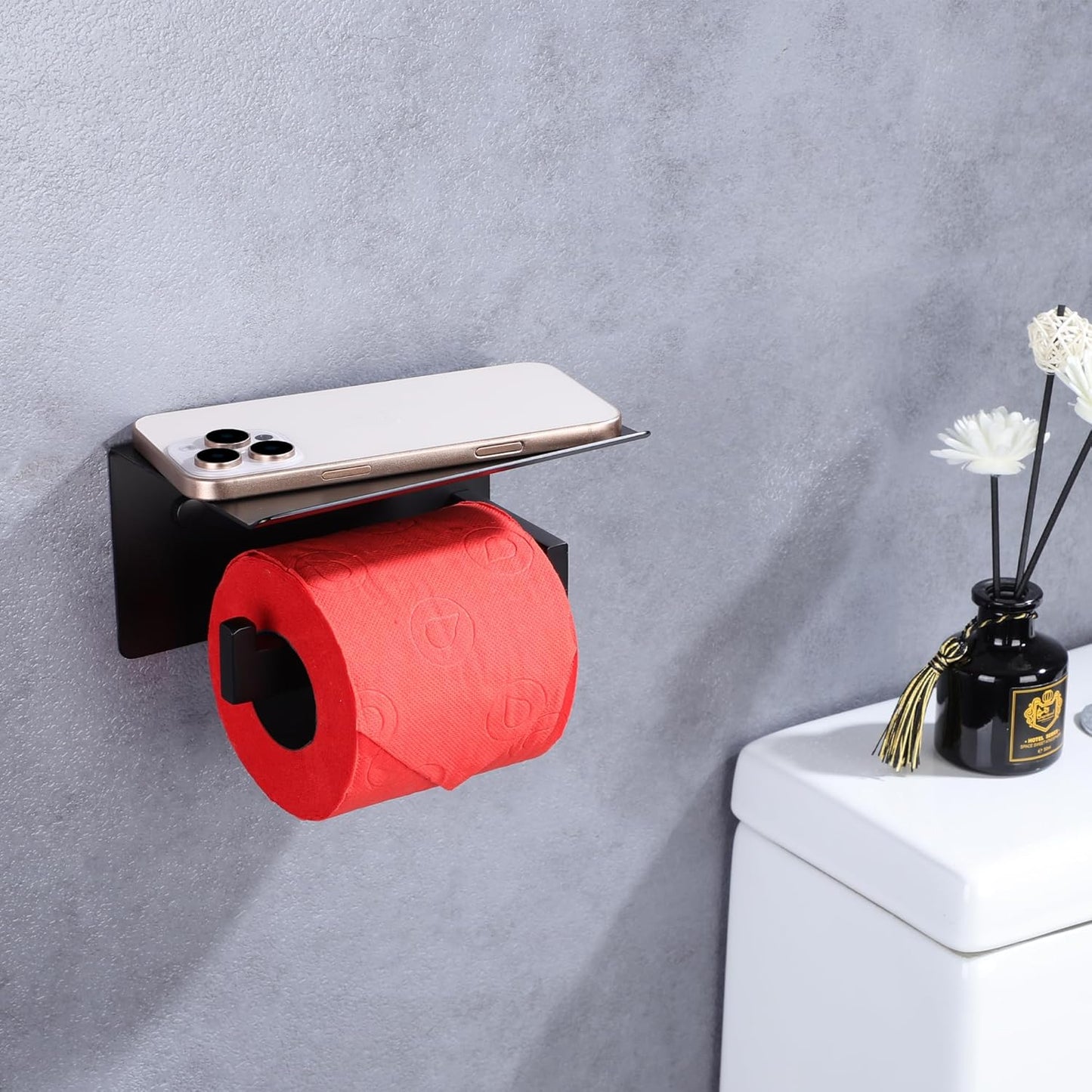 LANC Black Toilet Paper Holder with Shelf Toilet Tissue Roll Holder with Phone Shelf for Bathroom Wall Mounted and Self-Adhesive Toilet Paper Roll Holder Stainless Steel,Left Rod, A8367MB-LF