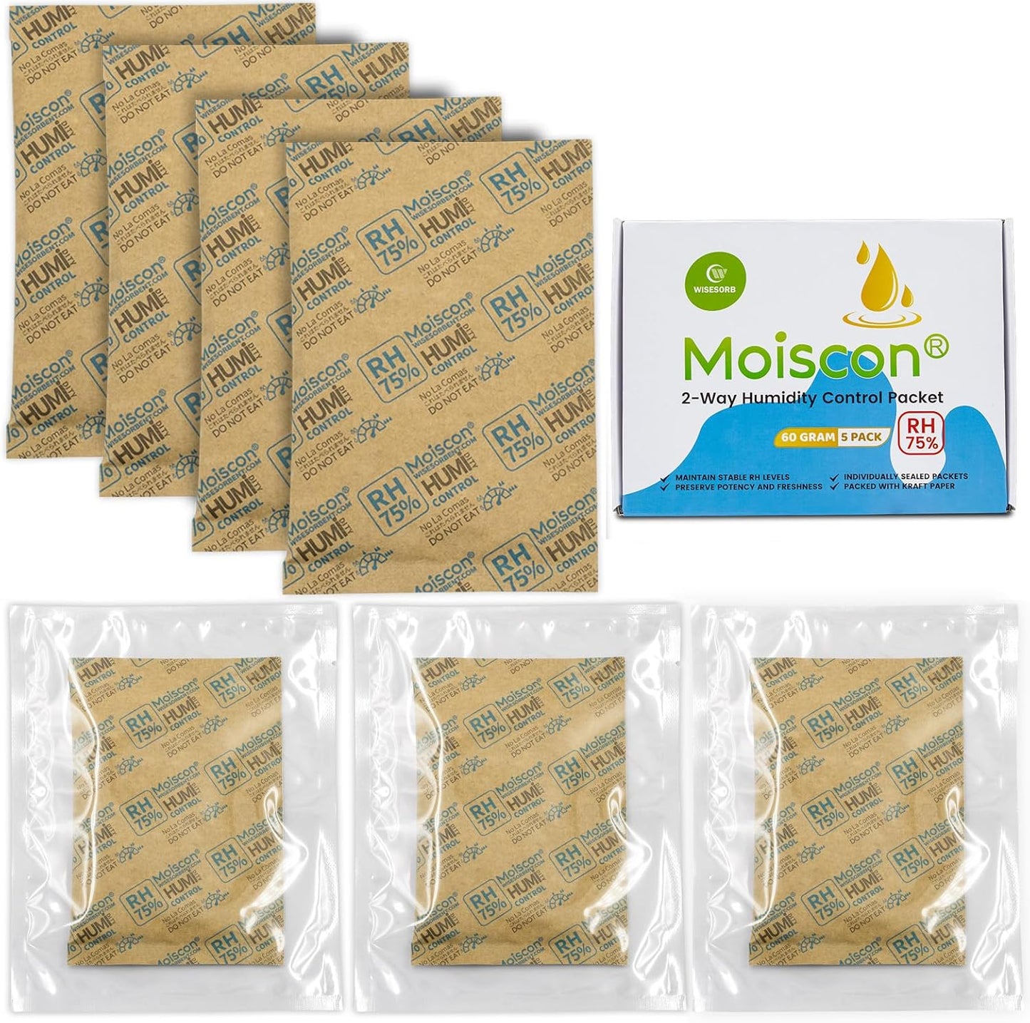 75% Two-Way Humidity Control Packs - 60 Gram - 120 Pack - Moisture Control Packets Individually Wrapped for Storing 1 lb, Humidifier Packs for Storage Containers Hydration Packets