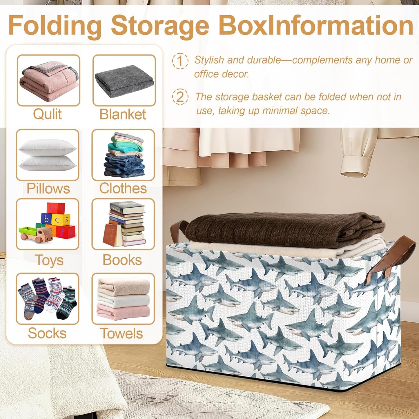 Sharks Storage Bin with Handles, Basket Storage Organizer for Shelves, Closet, Nursery, Book, Laundry Hamper & Home Decor