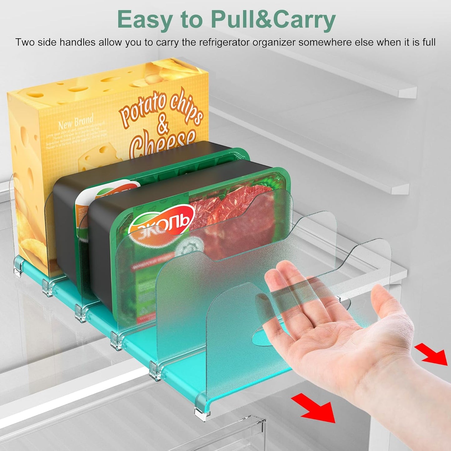 Freezer Organizer 12” Visible Fridge Organizer Rack with Removable Dividers and Handles, Freely Adjustable, Fits Refrigerator Frozen Meals, Lunch Meat Box, Cheeses (Mint Green)
