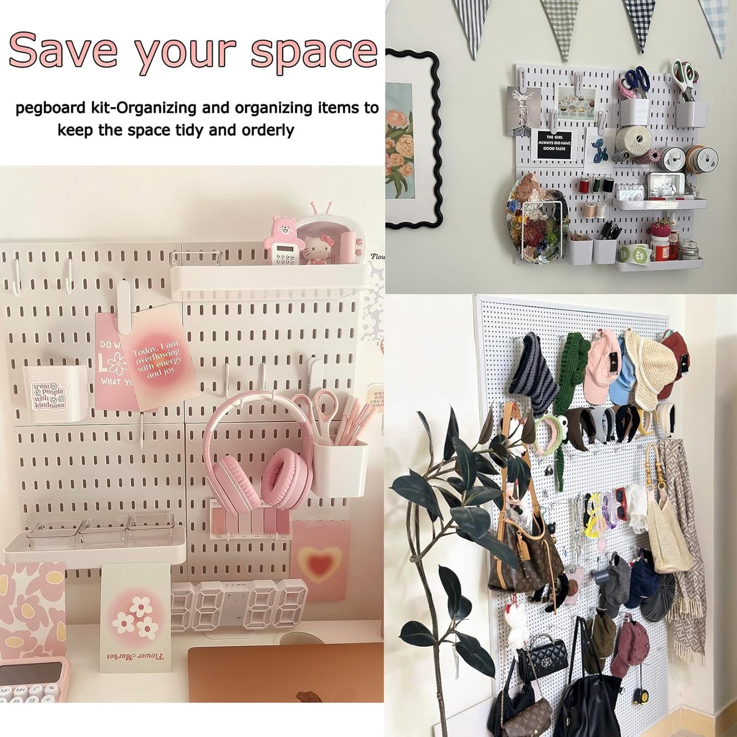 PSLER 4PCS Pegboard Wall Organizer White Peg Boards for Desk, Office & Gaming Setup Space-Saving Peg Board Kit with Hooks for Keys, Storage Box, Partition