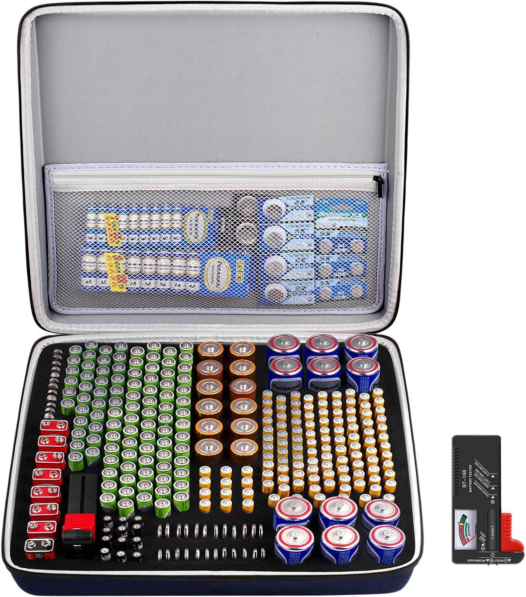 Comecase Extra Large Battery Organizer Storage Box, Garage Carrying Case Bag Holder - Holds Up to 300+ Batteries AA AAA C D 9V Lithium 3V with Battery Tester (Batteries are Not Included)