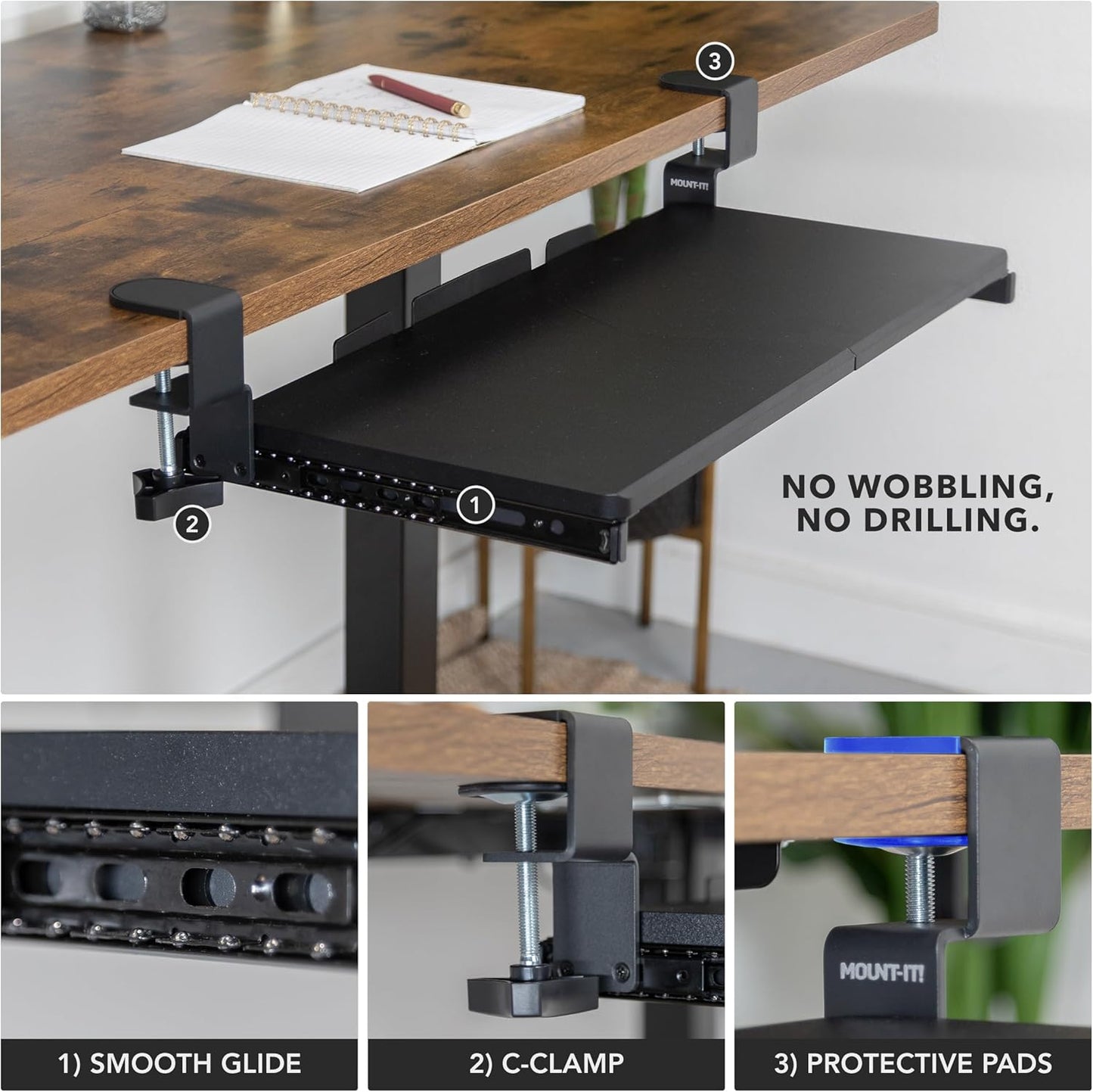 Mount-It! 24” Clamp-On Under Desk Keyboard Tray, Slide-Out Keyboard Drawer for Desk, Ergonomic Pull-Out Platform with Smooth Gliding Tracks, No-Drill C-Clamp Mount, Under Desk Keyboard Holder