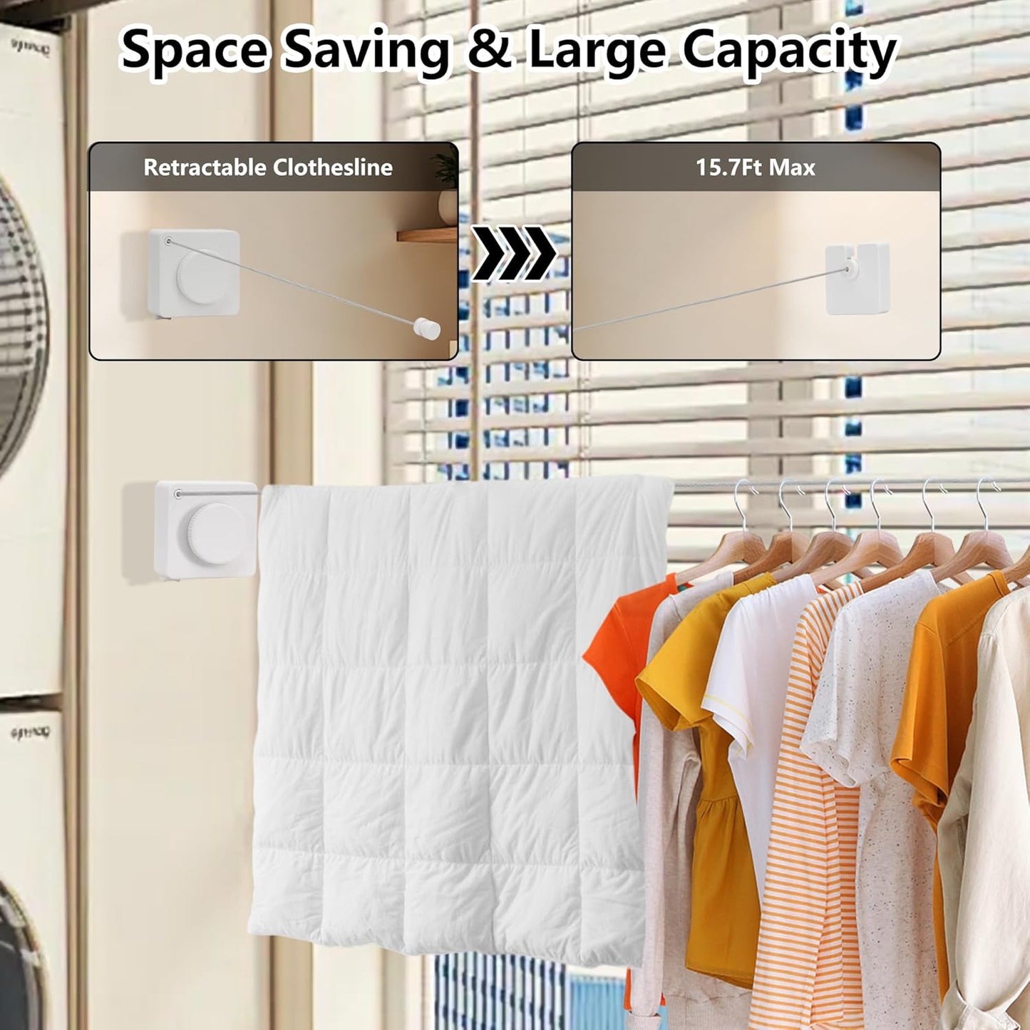 15.7Ft Retractable Clothesline Indoor an Anti-sag Retractable Clothesline Outdoor,Laundry Line Wall Mounted Stainless Steel Wire Laundry, with 12 Clip(White)