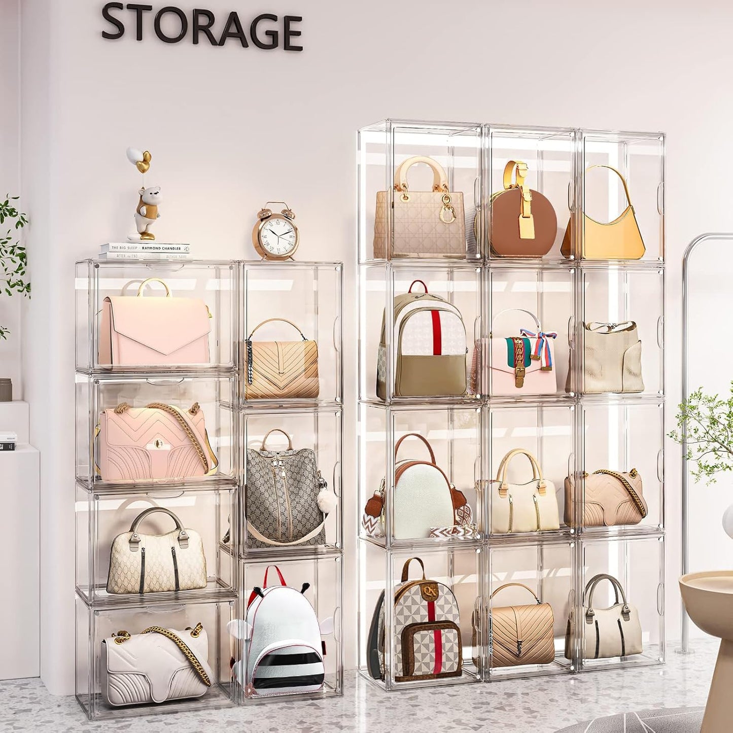 4 Packs Clear Handbag Storage Organizer for Closet, Acrylic Display Case for Purse Handbag, Stackable Purse Organizer Storage Box with Magnetic Door for Wallet Book Toys Collectibles