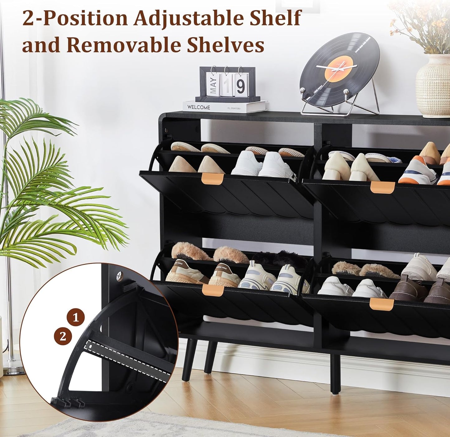 Shoe Storage Cabinet for Entryway with 4 Flip Drawers, Freestanding Narrow Wood Shoe Cabinet with Wave Panel, Hidden Shoe Organizer for Foyer, Hallway (Black)