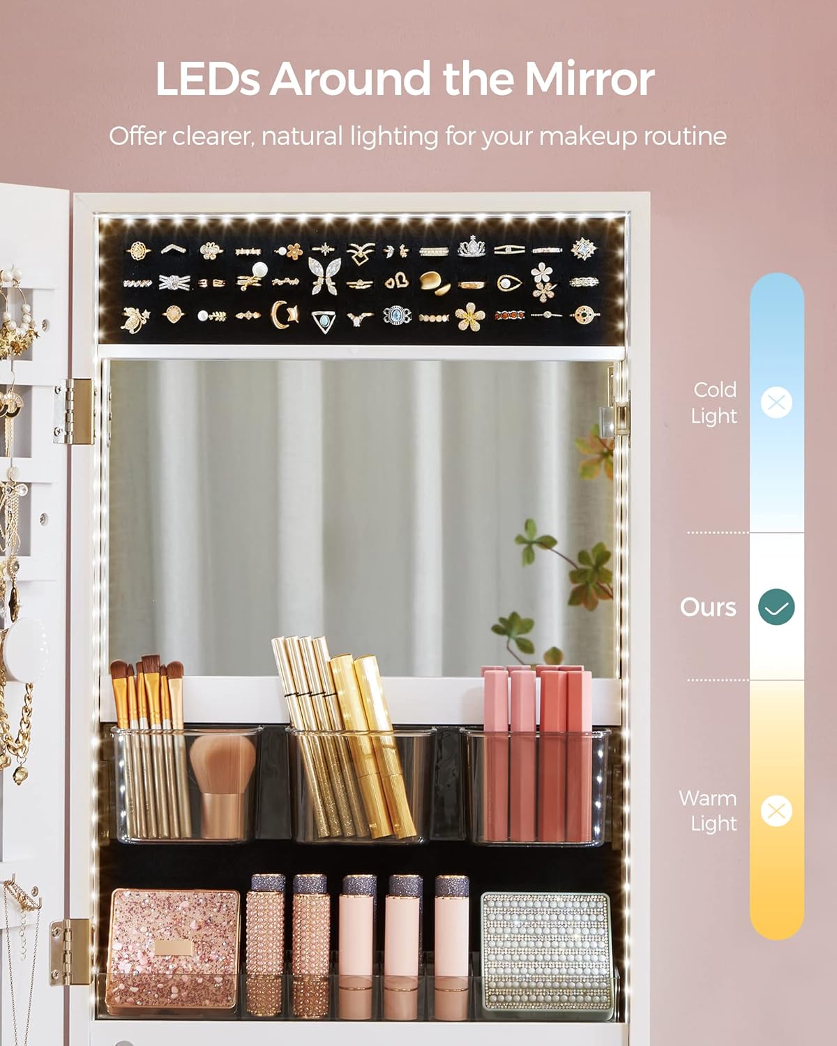 SONGMICS Mirror Jewelry Cabinet Armoire Organizer, Wall or Door Mount Storage Cabinet with Full-Length Frameless Lighted Mirror, Built-in Makeup Mirror, 2 Drawers, Lockable, Christmas Gift, White