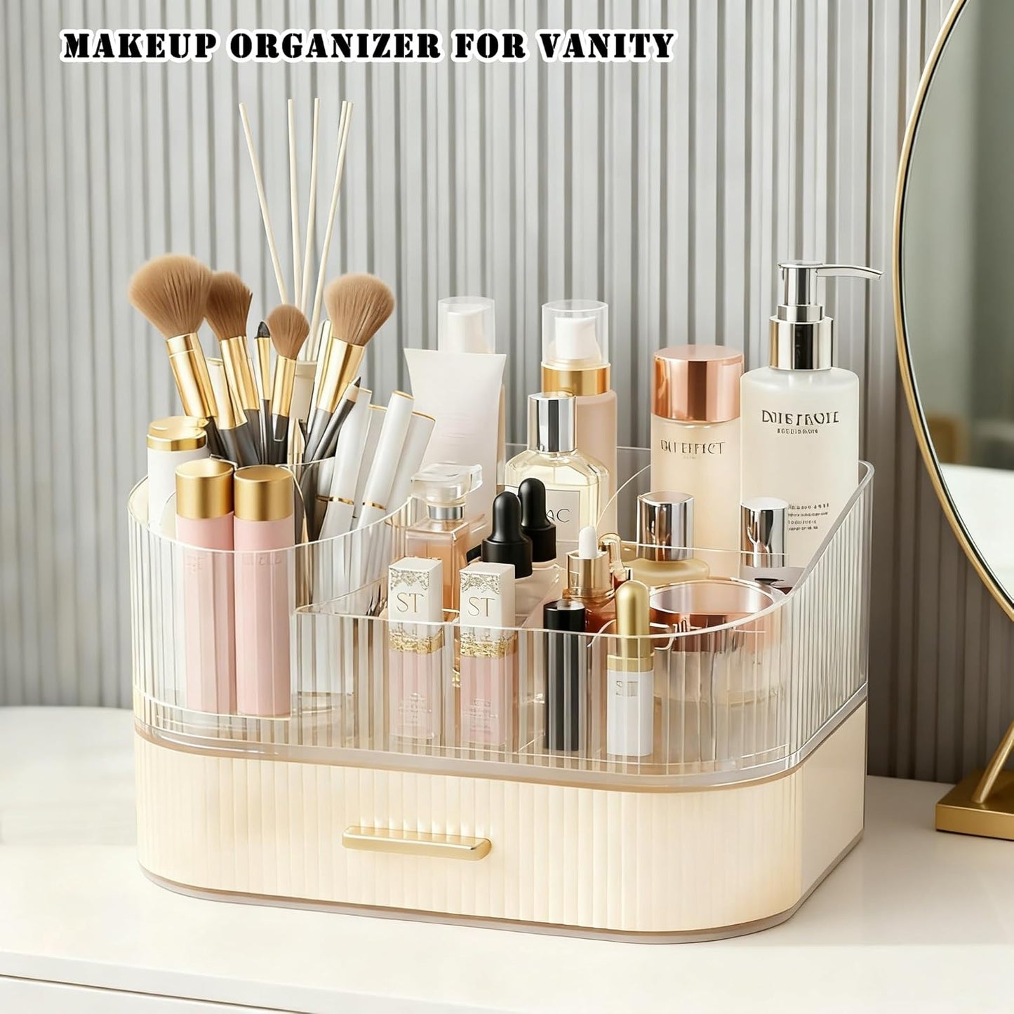 Makeup Organizer for Vanity with Stackable Drawers, 360 Rotating Makeup Brush Holder Large Cosmetic Display Case for Dresser, Bathroom Countertop Skincare Organizers and Storage