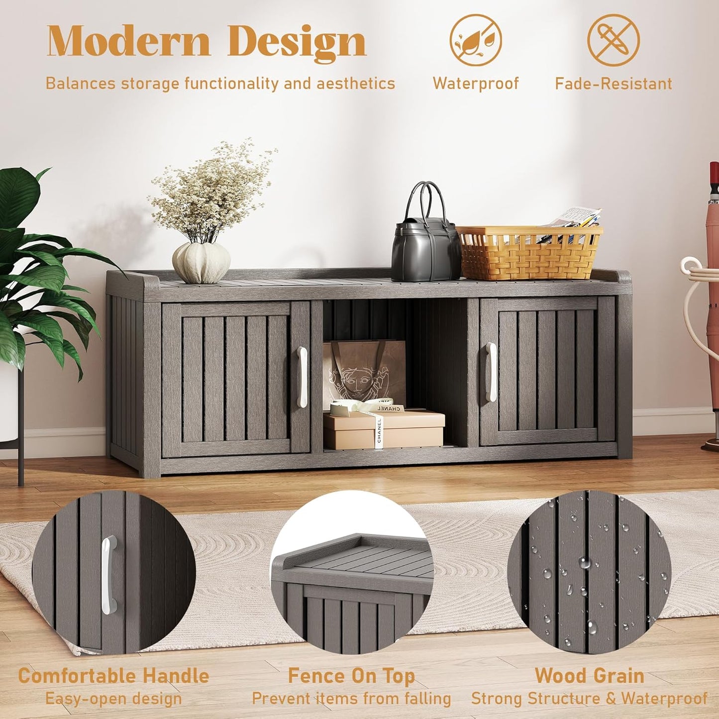 KAMABOKO Shoe Storage Cabinet Waterproof UV-Resistant, Entryway Storage Bench Indoor Outdoor with 2 Doors, Adjustable Shelves for Entryway, Bedroom, Hallway,Living Room(Grey)
