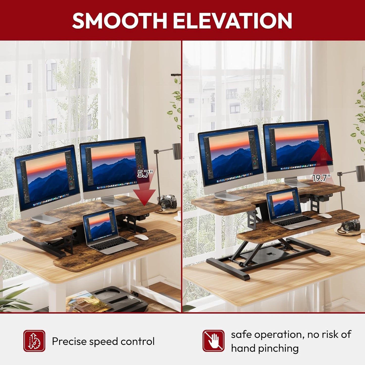 SANODESK Standing Desk Converter with Electric Motor 35" Height Adjustable Desk Riser for Office Home,Monitor and Laptop Workstation with Large Keyboard Tray, Rustic Color