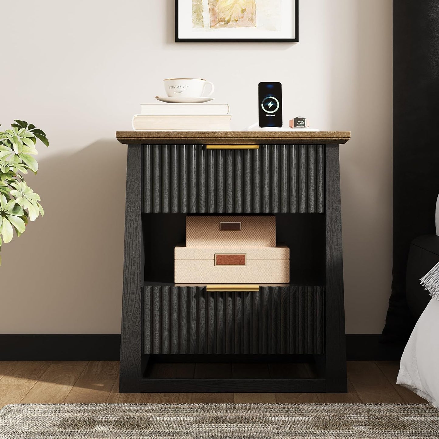 HIFYOBRO Fluted Nightstands with Charging Station & Motion Sensor Light, Modern Bedside Tables with 2 Drawers and Storage Shelf for Bedroom, Black